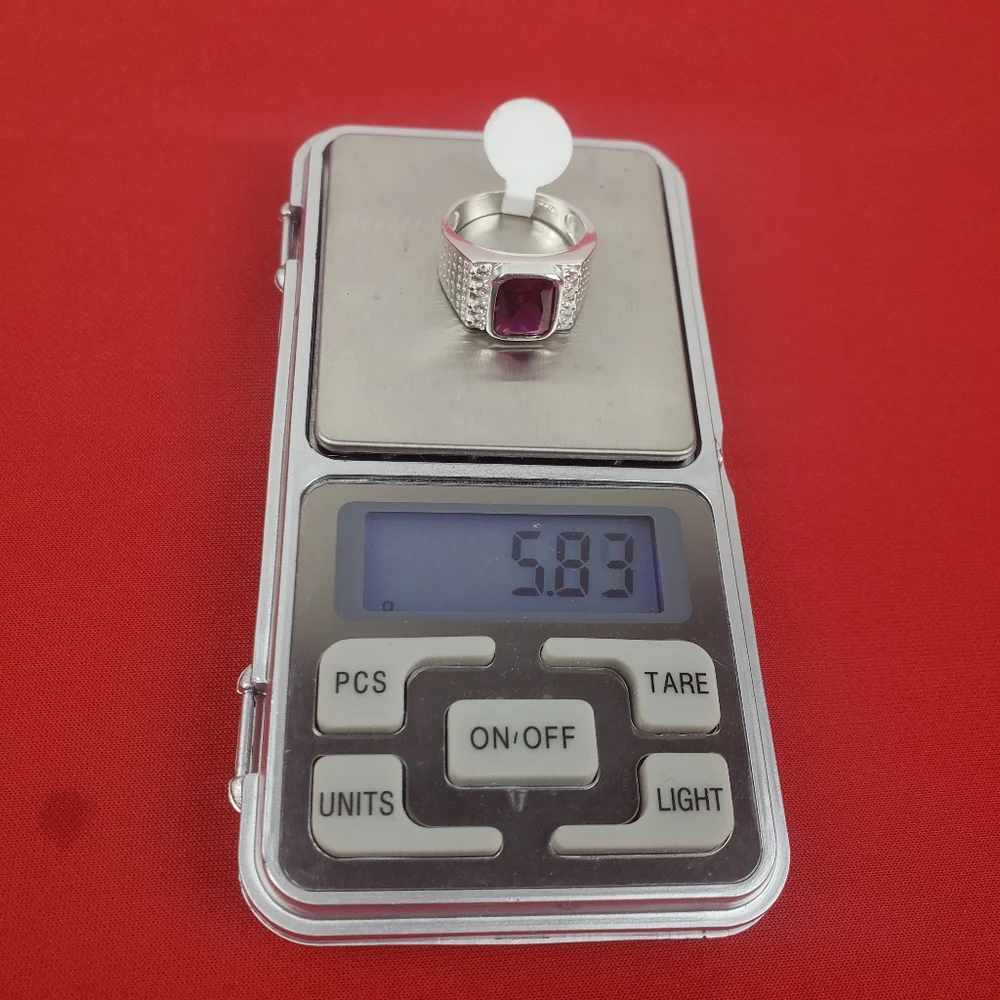 925 sterling‎ silver with Red / White zircon stones mens ring size 8 - Picture 3 of 12